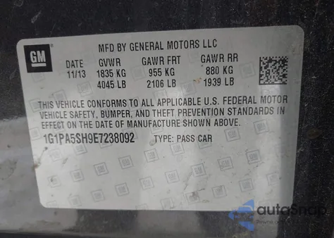 2014 Chevrolet Cruze Ls Auto from USA, damaged, VIN 1G1PA5SH9E7238092